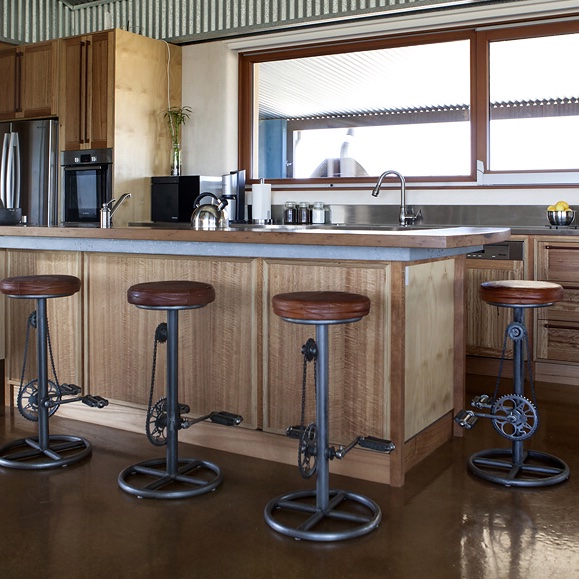 recycled timber and plywood kitchen with custom concrete benchtop