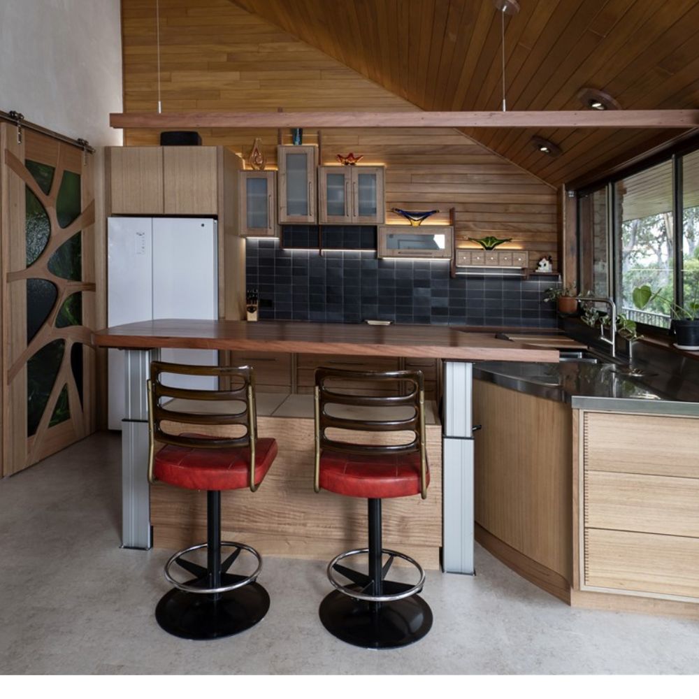 Recycled brushbox, Tasmanian Oak and plywood adjustable benchtop kitchen