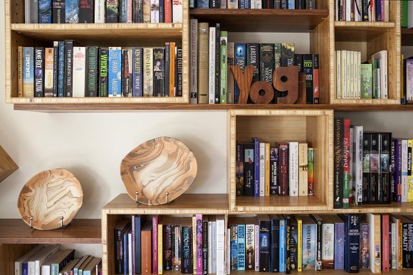 Close-up bamboo bookshelves